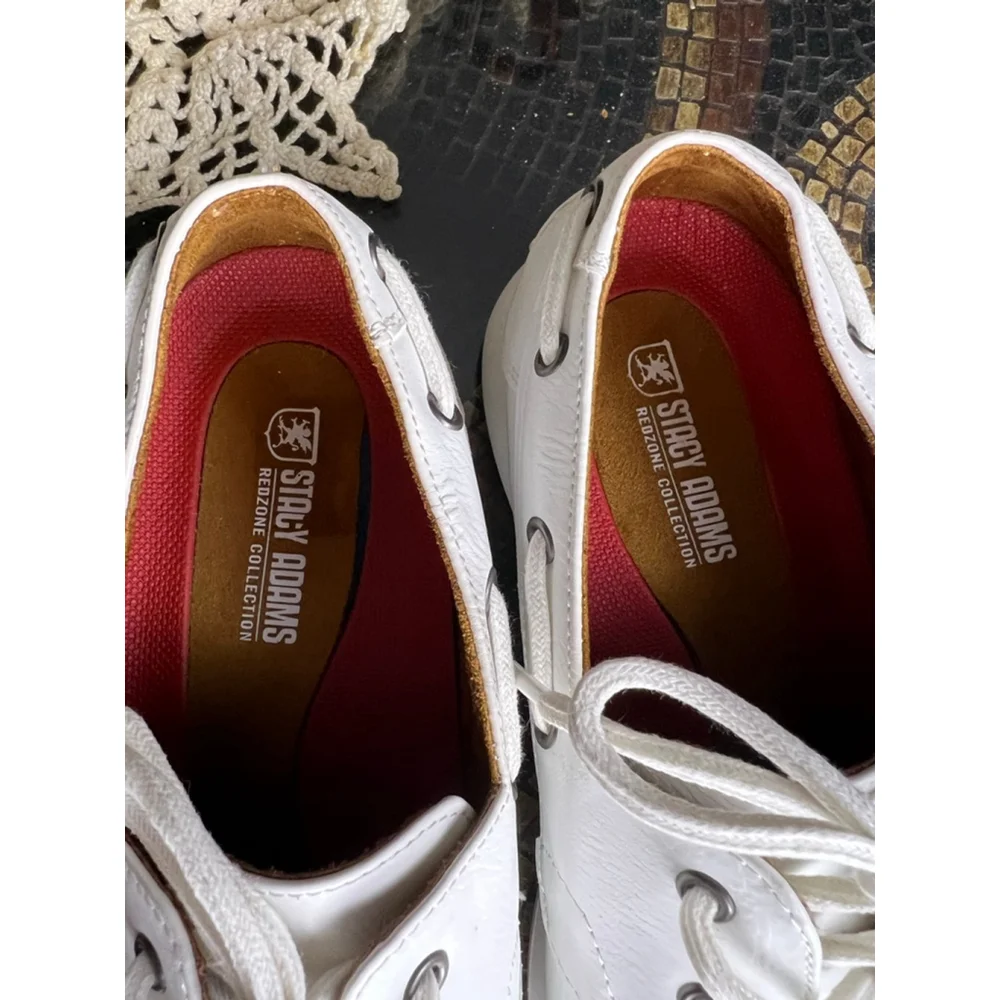 Stacy Adams White Leather Boat Shoes Redzone Collection Men’s 8.5 Preppy Prep